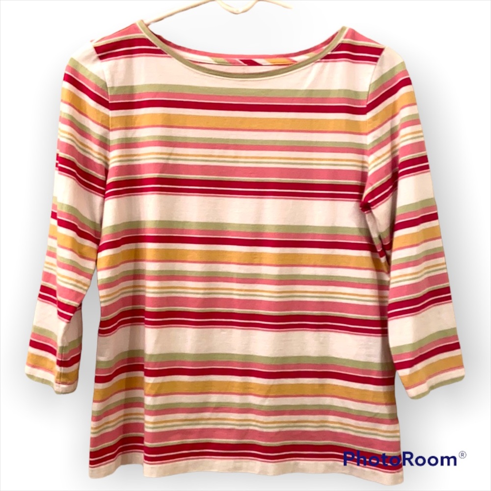 Talbots Top Jersey Stripes White Pink Yellow Green 3/4 Sleeve WM Petite SZ M